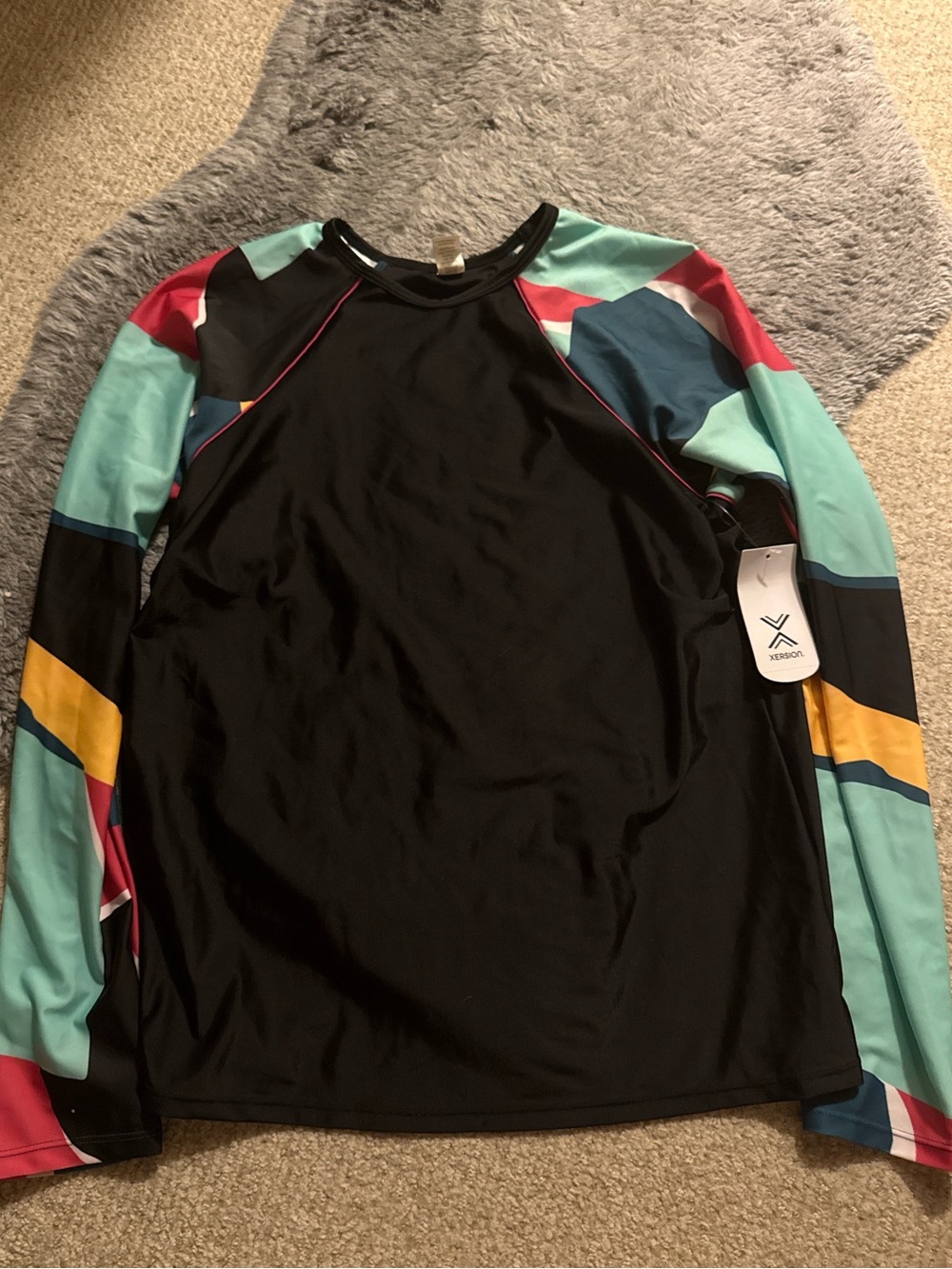 Xersion Black Long-Sleeve Swim Top with Teal, Yellow & Coral Accents